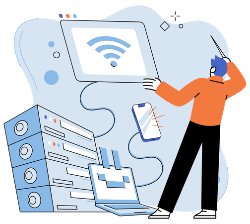 IT従業員がコンピュータ機器の正常な動作を確保しながらプログラムをインストールする  イラスト