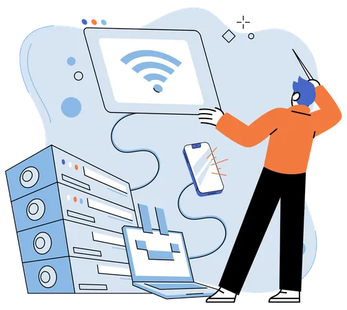 IT従業員がコンピュータ機器の正常な動作を確保しながらプログラムをインストールする  イラスト