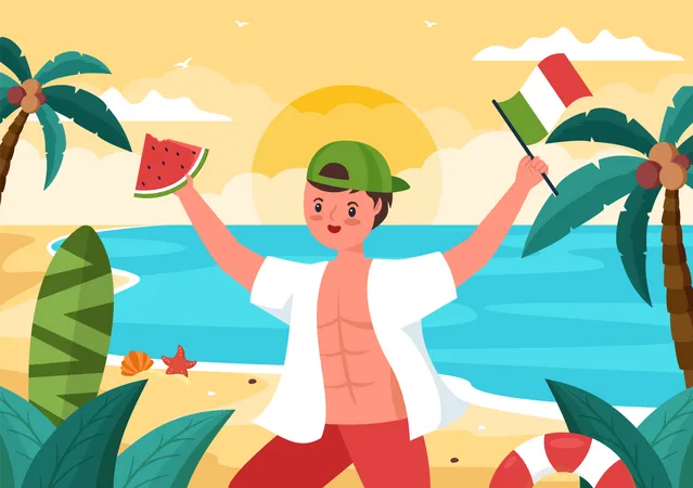 Italian boy holding watermelon slice and Italian flag  Illustration