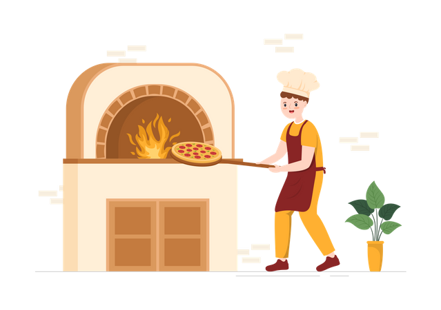 Italian chef putting pizza into oven Illustration