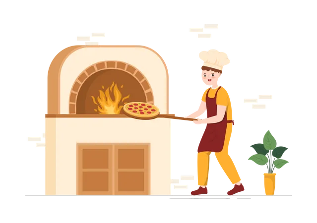 Italian chef putting pizza into oven  Illustration