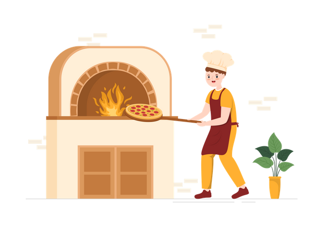 Italian chef putting pizza into oven  Illustration