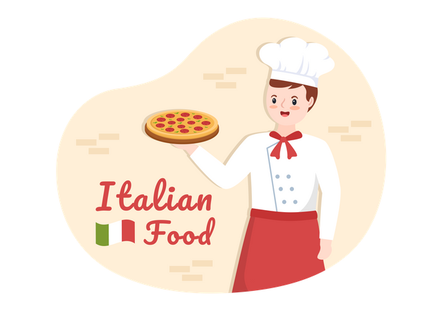 Italian chef serving pizza  Illustration