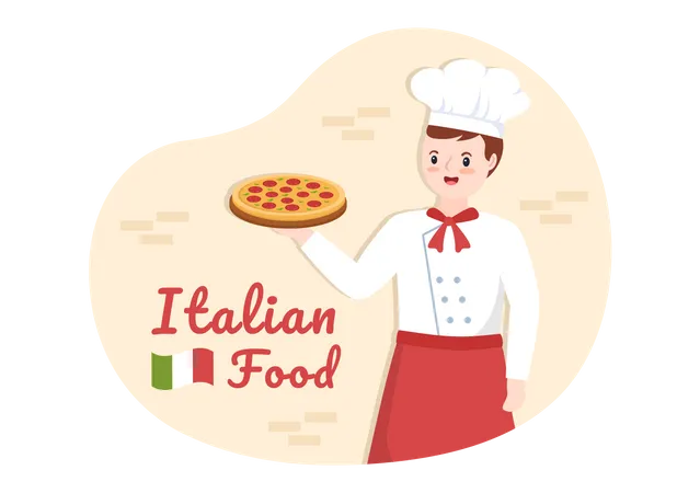 Italian chef serving pizza  Illustration