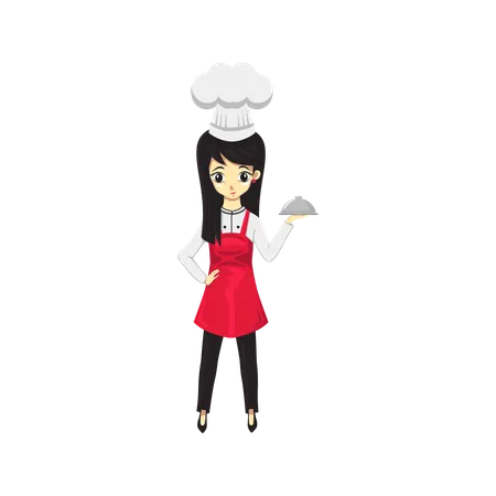 Italian Chef Woman holding dish  イラスト