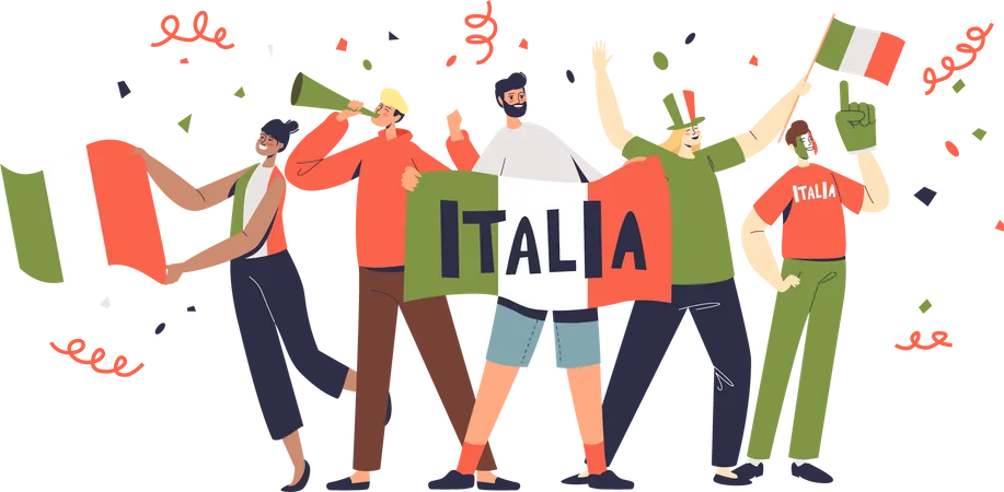 Italian fans celebrate Italy day wearing national colors and holding flags  Illustration
