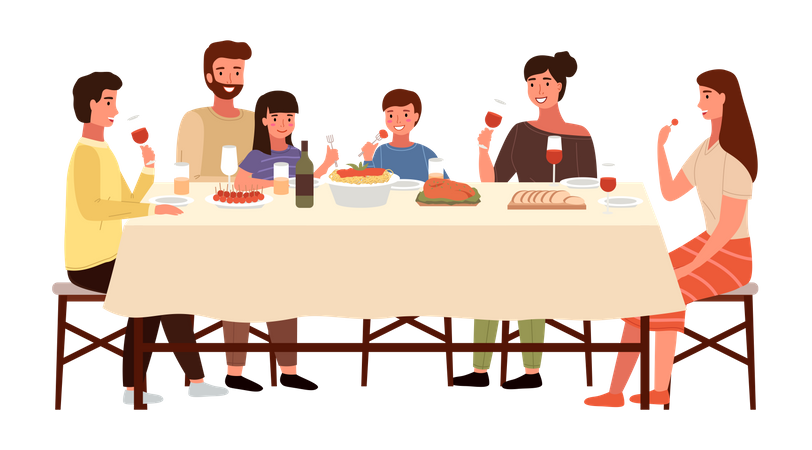 Italienische Familie beim gemeinsamen Abendessen  Illustration