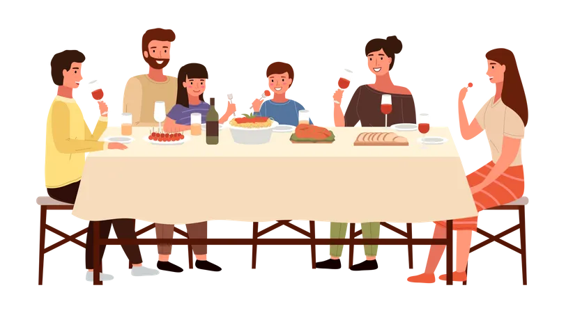 Italienische Familie beim gemeinsamen Abendessen  Illustration