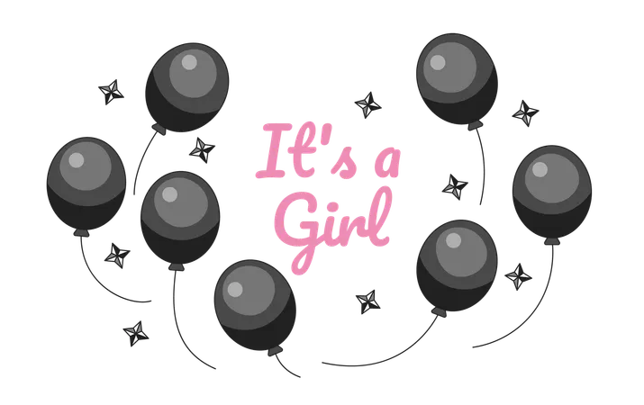 Its Girl Gender Reveal Balloons Monochrome Greeting Card Vector Pregnancy Baby Shower Black And White Illustration Greetingcard Anticipation 2 D Outline Cartoon Ecard Special Occasion Postcard Image Illustration