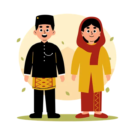 Ilustracao De Um Homem E Uma Mulher Vestidos Com Roupas Tradicionais De Jacarta Mostrando A Rica Heranca Cultural Da Indonesia Ilustração