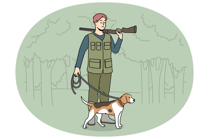 Jäger mit Hund in der wilden Natur  Illustration