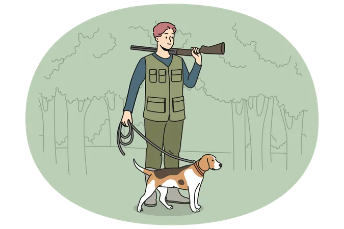 Jäger mit Hund in der wilden Natur  Illustration