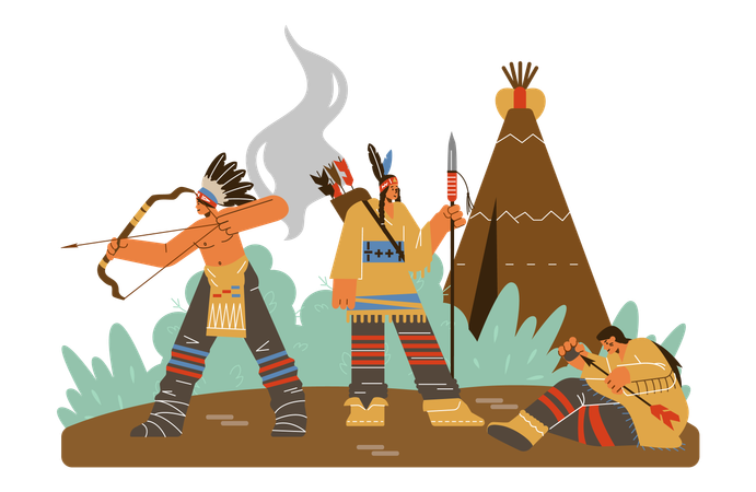 Jäger mit Waffen in traditioneller indianischer Kleidung  Illustration