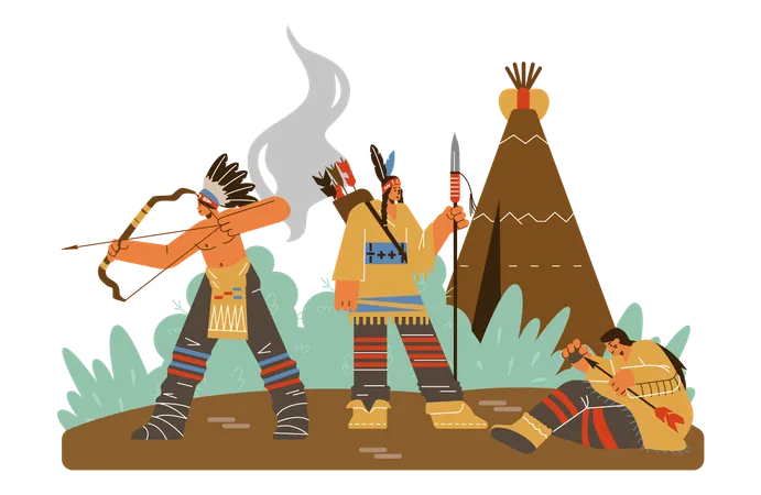 Jäger mit Waffen in traditioneller indianischer Kleidung  Illustration