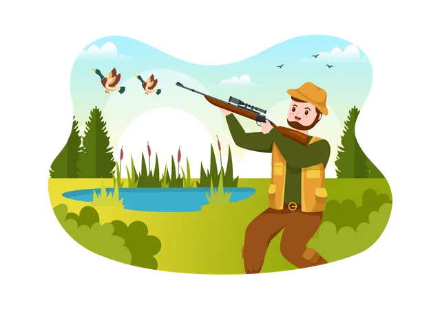 Jager Mit Jagdgewehr Oder Waffe Schiesst Auf Vogel Oder Tiere Im Wald Auf Einer Flachen Cartoon Handzeichnungsvorlage Illustration