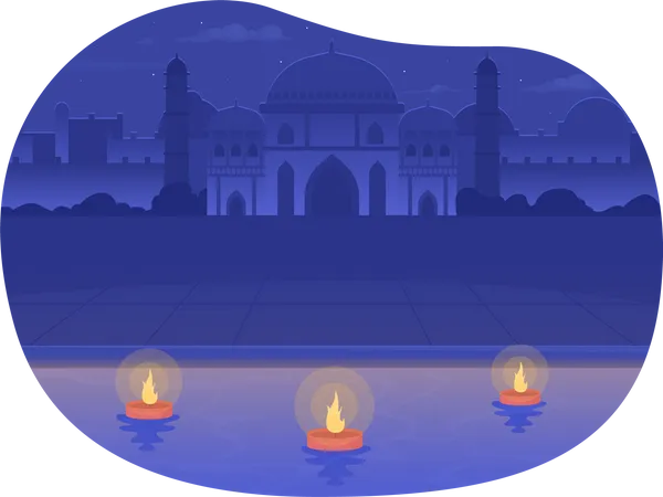 Jal Mahal Palace And Floating Diyas 2 D Vector Isolated Illustration Hindu Temple Architecture Flat Landscape On Cartoon Background Colourful Editable Scene For Mobile Website Presentation Illustration