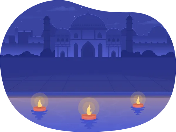 Jal Mahal palace and floating diyas  Illustration