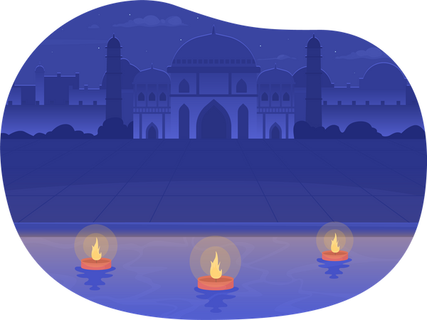 Palácio Jal Mahal e diyas flutuantes  Ilustração