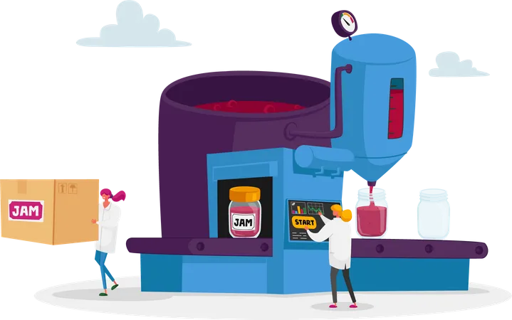 People Cooking Jam Concept Tiny Male And Female Characters At Huge Machine Cook Sweets Of Fresh Raspberries And Sugar In Pan And Packing Dessert To Glass Jars Cartoon People Vector Illustration Illustration