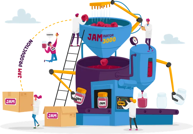 People Making Jam Or Marmalade Tiny Male And Female Characters Stand On Ladders At Huge Factory Machine With Robotics Arms Put Berries In Pan And Canning Jars Cartoon People Vector Illustration Illustration