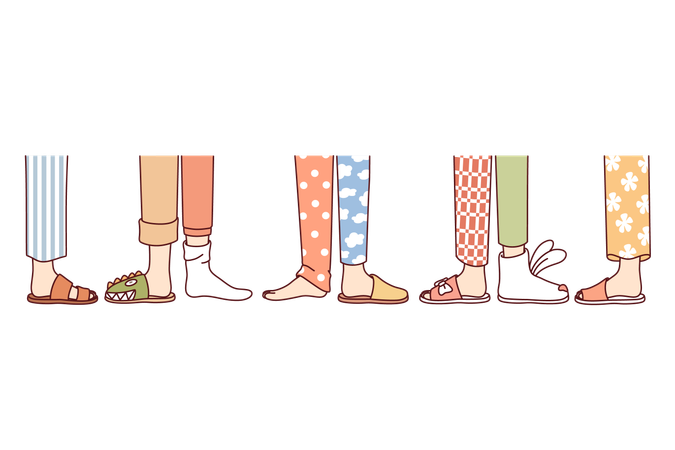 Jambes de personnes d'une soirée pyjama portant différents pantalons et pantoufles participant à des vacances à thème  Illustration