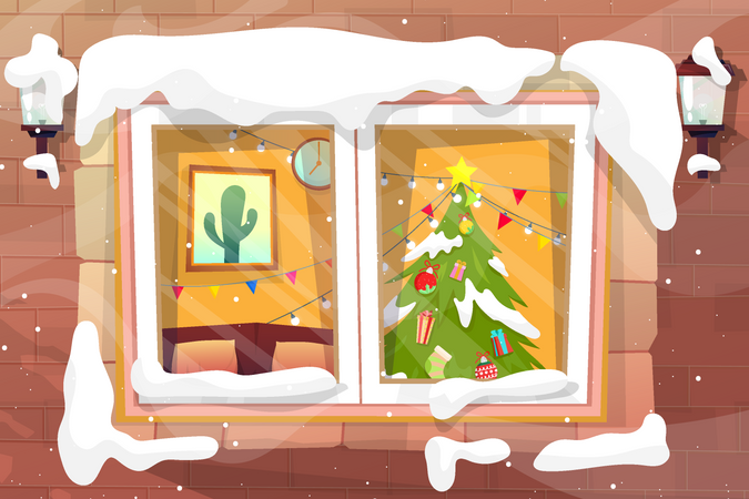 Janela de vidro de cobertura de neve da casa no inverno, a árvore de Natal foi lindamente decorada dentro da casa. ilustração vetorial  Ilustração