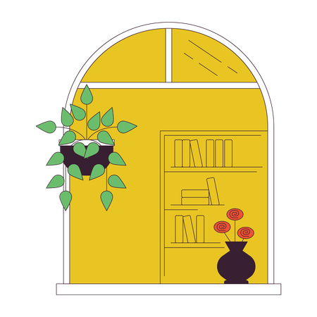 Janela oval com plantas decorativas  Ilustração