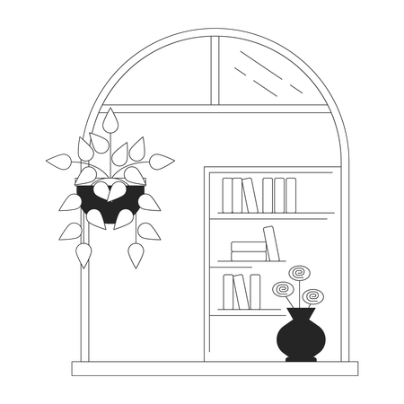 Janela oval com plantas decorativas  Ilustração