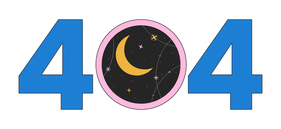 Janela redonda com mensagem flash de erro 404 de noite de lua estrelada  Ilustração