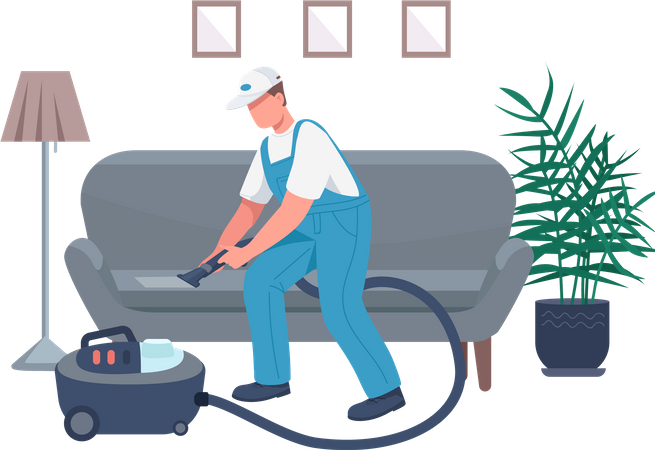 Janitor cleaning sofa Illustration