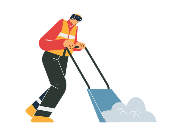 Janitor in uniform removing snow with shovel  Illustration