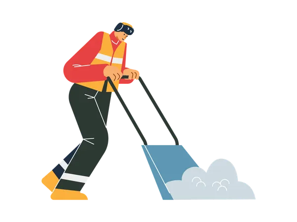 Janitor in uniform removing snow with shovel  Illustration
