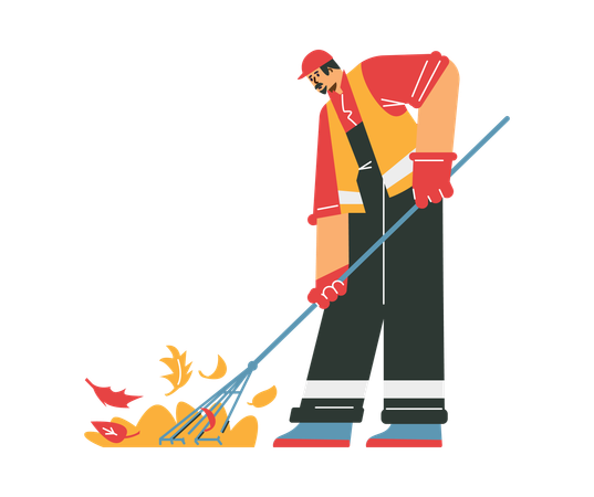 Janitor in uniform sweeping yellow leaves with broom  Illustration