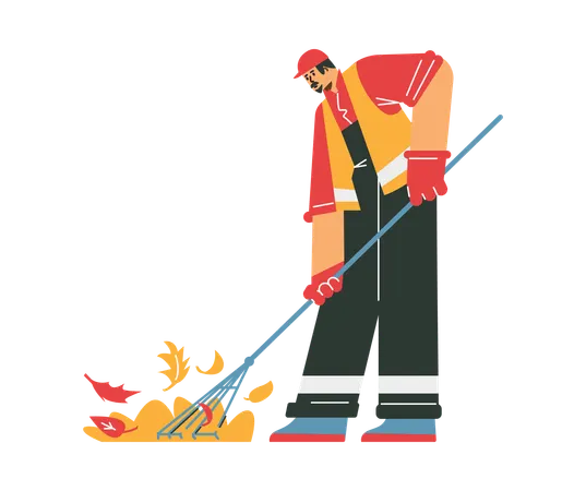 Janitor in uniform sweeping yellow leaves with broom  Illustration