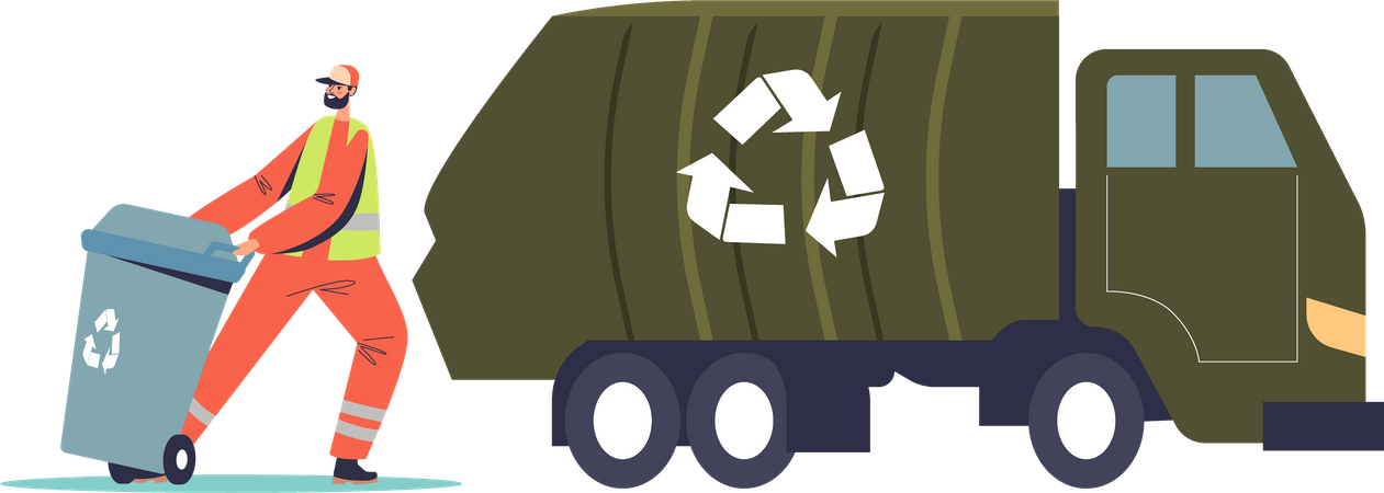 Janitor loading recycling container with litter for separation  イラスト