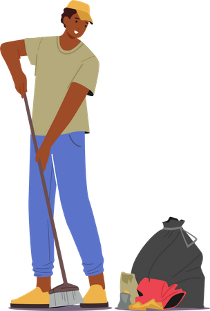 Janitor Male Holding Broom Sweep Lawn from Trash and Garbage Illustration