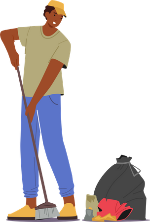 Janitor Male Holding Broom Sweep Lawn from Trash and Garbage  Illustration