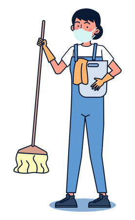 Janitor mopping floor and holding water bucket  Illustration