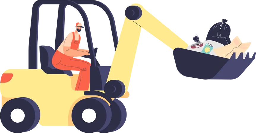 Janitor Work On Bulldozer Vehicle Collect Trash And Litter In Street Man Picking Garbage On Waste Conveyor Tractor Ecology And Outdoor Service Concept Cartoon Flat Vector Illustration Illustration