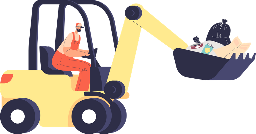 Janitor work on bulldozer vehicle collect trash and litter  Illustration