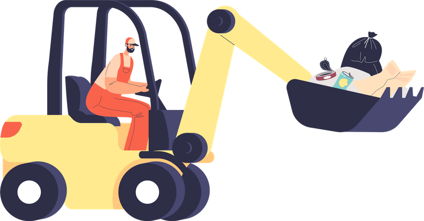 Janitor work on bulldozer vehicle collect trash and litter  Illustration