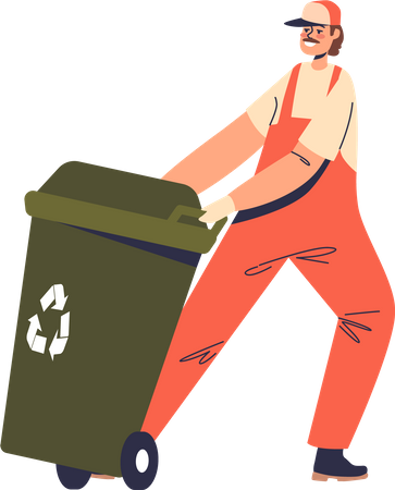 Janitor worker push litter bin  Illustration