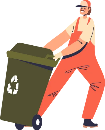 Janitor worker push litter bin  Illustration