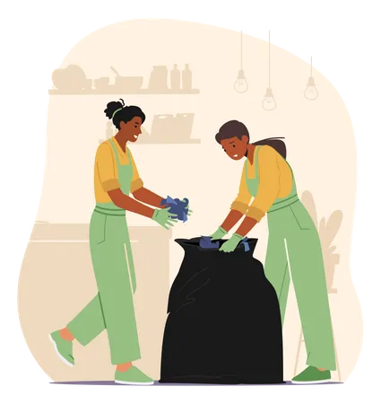 Janitors collecting waste into black polyethene bag  Illustration
