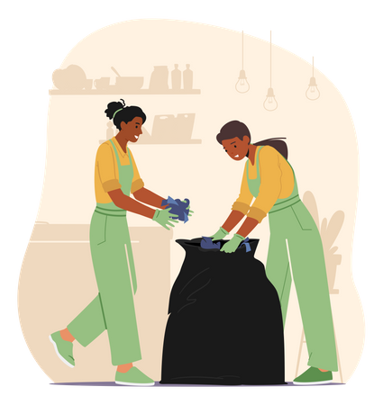 Janitors collecting waste into black polyethene bag  Illustration