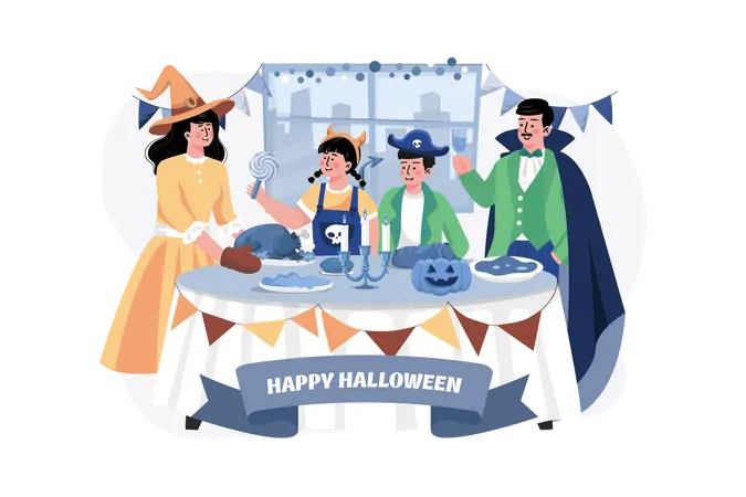 Família jantando no Halloween  Ilustração