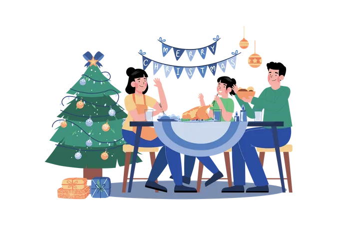 Familia Servindo Jantar Na Noite De Natal Ilustração