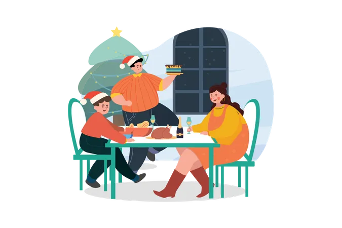 Família aproveitando o jantar de natal  Ilustração