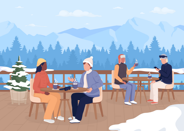 Jantar na estação de esqui  Ilustração