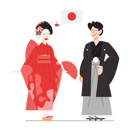 Japan citizen in national costume with a flag Illustration